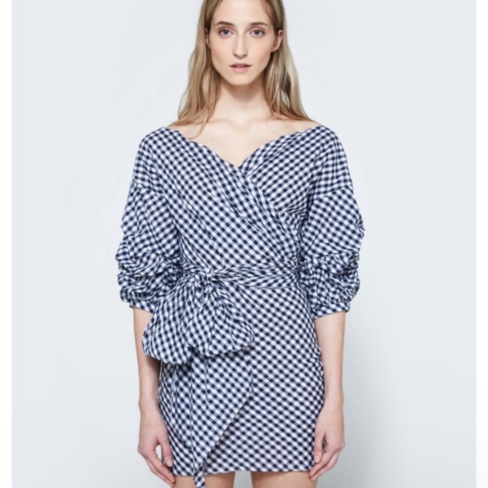 Farrow Gingham Wrap Mini Dress with Puff Sleeves Navy Blue Women’s Size Small